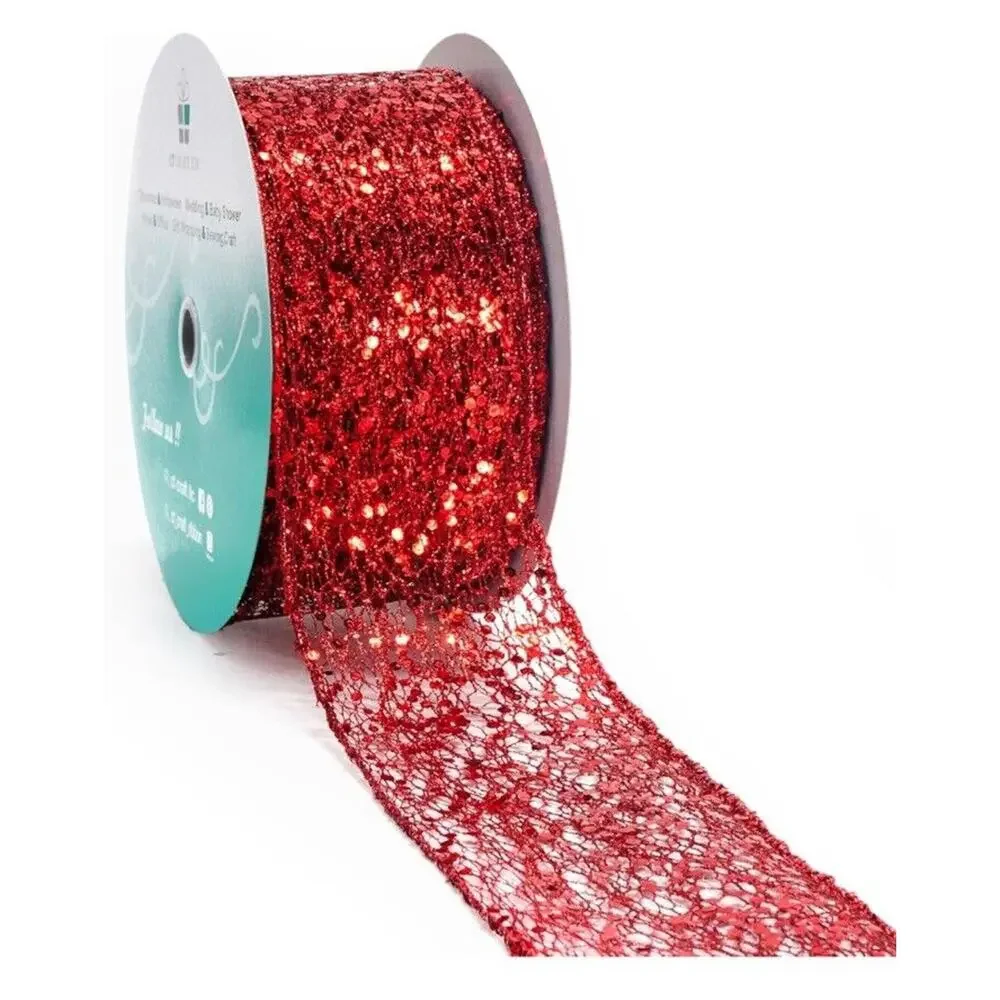 Red Glitter Mesh Wired Ribbon 2.5 inch x 20 Yds Christmas Decor Gift Wreath Bows